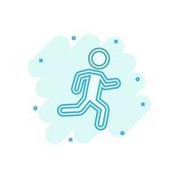 Running people sign icon in comic style. Run silhouette vector cartoon illustration on white isolated background. Motion jogging business concept splash effect.