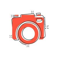 Camera device sign icon in comic style. Photography vector cartoon illustration on white isolated background. Cam equipment business concept splash effect.