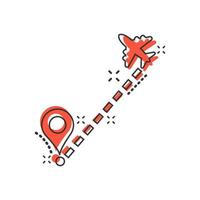 Airplane flight route icon in comic style. Travel line path vector cartoon illustration on white isolated background. Dash line trace business concept splash effect.