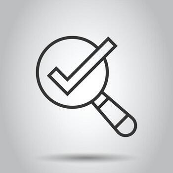 Check mark with magnifying glass icon in flat style. Loupe accept vector illustration on white isolated background. Search checklist business concept.