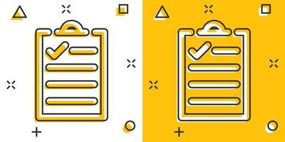To do list icon in comic style. Document checklist cartoon vector illustration on white isolated background. Notepad check mark splash effect business concept.