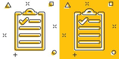 icono de lista de tareas en estilo cómico. ilustración de vector de dibujos animados de lista de verificación de documentos sobre fondo blanco aislado. concepto de negocio de efecto de salpicadura de marca de verificación de bloc de notas.