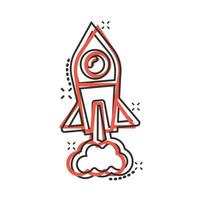 Rocket icon in comic style. Spaceship launch cartoon vector illustration on white isolated background. Sputnik splash effect business concept.