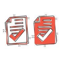 Approved document icon in comic style. Authorize cartoon vector illustration on white isolated background. Agreement check mark splash effect business concept.