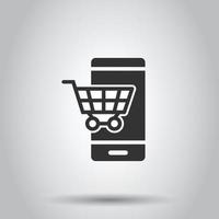 icono de compras en línea en estilo plano. ilustración de vector de tienda de smartphone sobre fondo blanco aislado. concepto de negocio de mercado.