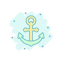 Boat anchor sign icon in comic style. Maritime equipment vector cartoon illustration on white isolated background. Sea security business concept splash effect.