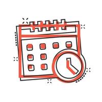 calendario con icono de reloj en estilo cómico. ilustración de vector de dibujos animados de agenda sobre fondo blanco aislado. programar el concepto de negocio de efecto de salpicadura del planificador de tiempo.