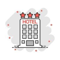 icono de hotel de dibujos animados de vector en estilo cómico. pictograma de ilustración de signo de torre. concepto de efecto de salpicadura de negocios de apartamentos de hotel.