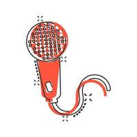 Microphone icon in comic style. Mic broadcast vector cartoon illustration pictogram. Microphone mike speech business concept splash effect.