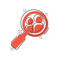 Search job vacancy icon in comic style. Loupe career vector cartoon illustration on white isolated background. Find people employer splash effect business concept.