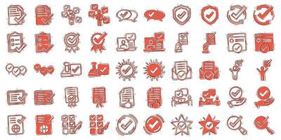 Approve icon set in comic style. Check mark cartoon vector illustration on white isolated background. Tick accepted splash effect business concept.