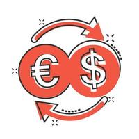 Currency exchange icon in comic style. Dollar euro transfer cartoon vector illustration on white isolated background. Financial process splash effect business concept.