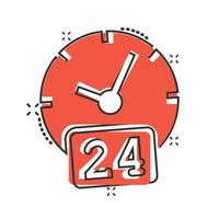 icono de reloj 24 7 en estilo cómico. ver ilustración de vector de dibujos animados sobre fondo blanco aislado. concepto de negocio de efecto de salpicadura de temporizador.