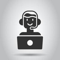 Helpdesk icon in flat style. Headphone vector illustration on white isolated background. Chat operator with laptop business concept.