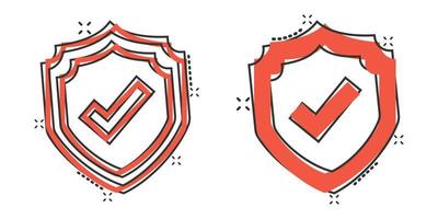 Shield with check mark icon in comic style. Protect cartoon vector illustration on white isolated background. Checkmark guard splash effect business concept.