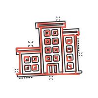 icono de signo de edificio de oficinas en estilo cómico. ilustración de vector de dibujos animados de apartamento sobre fondo aislado. concepto de negocio de efecto de salpicadura de arquitectura.