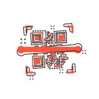 icono de escaneo de código qr en estilo cómico. Ilustración de dibujos animados de vector de identificación de escáner sobre fondo blanco aislado. efecto de salpicadura de concepto de negocio de código de barras.