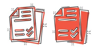 Document checklist icon in comic style. Report cartoon vector illustration on white isolated background. Paper sheet splash effect business concept.
