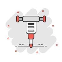 Jackhammer icon in comic style. Demolish package vector illustration on white isolated background. Destroy splash effect business concept.