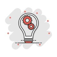 Cartoon light bulb with gear icon in comic style. Idea illustration pictogram. Lamp sign splash business concept. vector