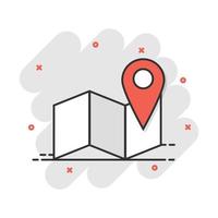 Cartoon map pin icon in comic style. Location gps illustration pictogram. Destination sign splash business concept. vector