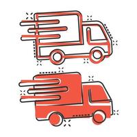 icono de camión de reparto en estilo cómico. furgoneta ilustración vectorial de dibujos animados sobre fondo blanco aislado. concepto de negocio de efecto de salpicadura de coche de carga. vector