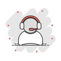 Vector cartoon operator with microphone icon in comic style. Operator in call center sign illustration pictogram. People business splash effect concept.