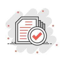 Compliance document icon in comic style. Approved process vector cartoon illustration on white isolated background. Checkmark business concept splash effect.