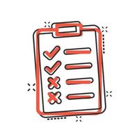 Document checklist icon in comic style. Report cartoon vector illustration on white isolated background. Paper sheet splash effect business concept.