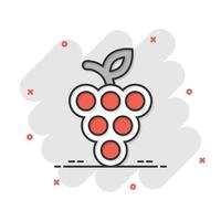 icono de signo de frutas de uva en estilo cómico. ilustración de dibujos animados de vector de vid sobre fondo blanco aislado. efecto de salpicadura de concepto de negocio de uvas de vino.