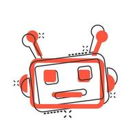 Cute robot chatbot icon in comic style. Bot operator vector cartoon illustration pictogram splash effect.