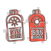 Sun protection icon in comic style. Sunblock cream cartoon vector illustration on white isolated background. Spf care splash effect business concept.