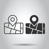 Smartphone map icon in flat style. Mobile phone gps navigation vector illustration on white isolated background. Locate pin position business concept.