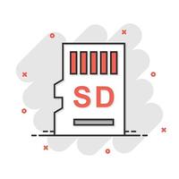 icono de tarjeta micro sd en estilo cómico. ilustración de dibujos animados de vector de chip de memoria sobre fondo blanco aislado. efecto de salpicadura de concepto de negocio de adaptador de almacenamiento.