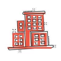 Building icon in comic style. Town skyscraper apartment cartoon vector illustration on white isolated background. City tower splash effect business concept.