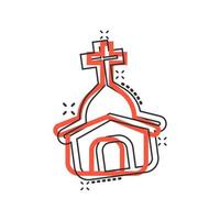 icono de la iglesia en estilo cómico. ilustración de dibujos animados de vector de capilla sobre fondo blanco aislado. efecto de salpicadura de concepto de negocio de edificio religioso.