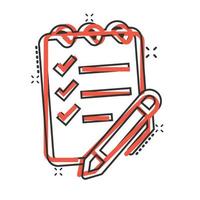 To do list icon in comic style. Document checklist cartoon vector illustration on white isolated background. Notepad check mark splash effect business concept.