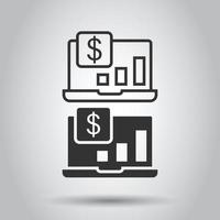 Laptop computer chart icon in flat style. Money diagram vector illustration on white isolated background. Financial process business concept.