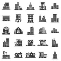 Building icon set in flat style. Town skyscraper apartment vector illustration on white isolated background. City tower business concept.