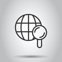 Globe search icon in flat style. Network navigation vector illustration on white isolated background. Global geography loupe business concept.