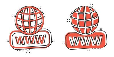 Global search icon in comic style. Website address cartoon vector illustration on white isolated background. WWW network splash effect business concept.