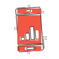 Phone diagram icon in comic style. Smartphone growth statistic cartoon vector illustration on white isolated background. Gadget analytics splash effect business concept.