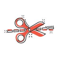 Scissor with cutting line icon in comic style. Cut equipment cartoon vector illustration on white isolated background. Cutter splash effect business concept.