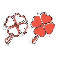 Four leaf clover icon in comic style. St Patricks Day cartoon vector illustration on white isolated background. Flower shape splash effect business concept.