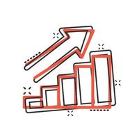 Growing bar graph icon in comic style. Increase arrow cartoon vector illustration on white background. Infographic progress splash effect business concept.