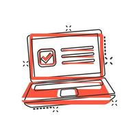 Questionnaire laptop icon in comic style. Online survey vector cartoon illustration on white isolated background. Checklist report splash effect business concept.