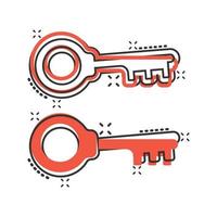 Key icon in comic style. Password cartoon vector illustration on white isolated background. Access splash effect business concept.