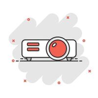 icono de signo de proyector de video en estilo cómico. ilustración de dibujos animados de vector de dispositivo de presentación de cine sobre fondo blanco aislado. efecto de salpicadura de concepto de negocio de conferencia.