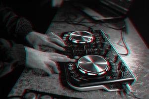 DJ console for mixing music with hands and with blurred people at a night club. Black and white with 3D glitch virtual reality effect photo