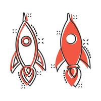 Rocket icon in comic style. Spaceship launch cartoon vector illustration on white isolated background. Sputnik splash effect business concept.